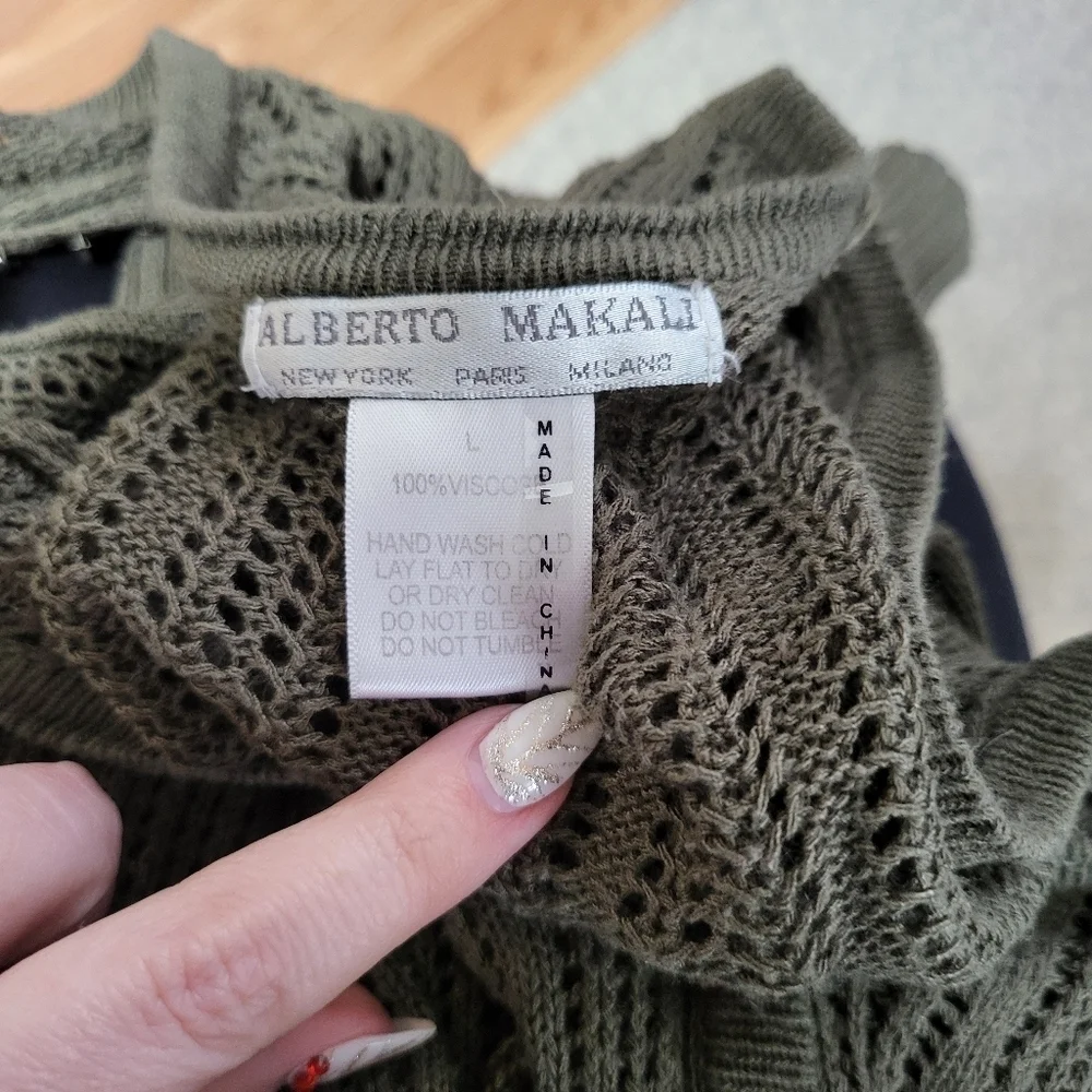 Alberto Makali Knit Button Down V Neck Olive Sweater with Beaded Open Shoulders
